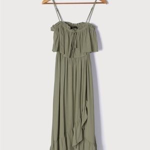 LULUS OLIVE GREEN RUFFLED MIDI DRESS SIZE MEDIUM(6-8)